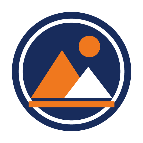 Flat navy and orange badge logo on white