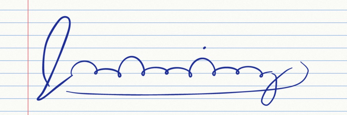 The signature in blue ballpoint on lined notebook paper with a red margin