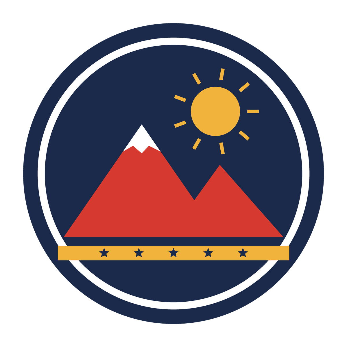Badge logo with a navy ring, red mountains, a gold sun and banner, on a transparent background